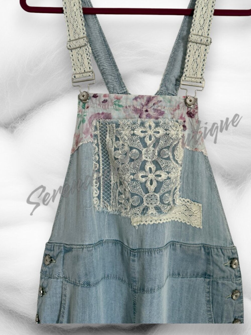 POL Sweet Boho Baby Faded Denim Floral & Lace Patchwork Girly Suspender Overalls - Picture 5 of 10